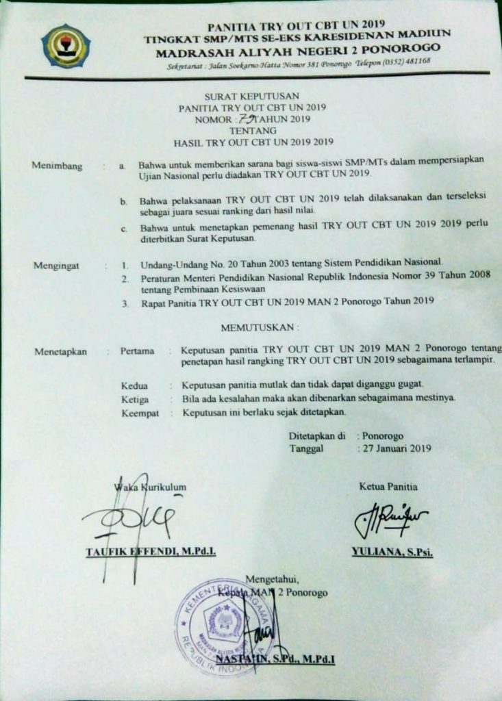 Hasil Try Out CBT SMP-MTs Se-Karesidenan Madiun Tahun 2019.